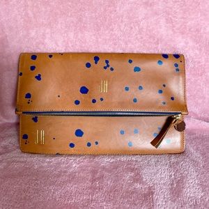 Clare V Tan Leather with Blue Polka Dots Clutch